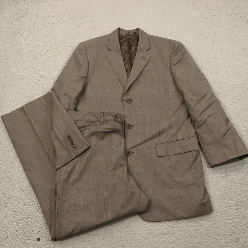 John Varvatos Suit 42R Super 120s Worsted Wool Brown Plaid 35x30 Trousers